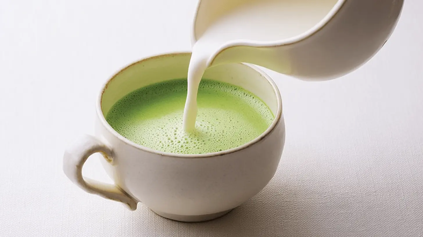 Close-up of milk being poured into a vibrant green matcha tea, illustrating a refreshing matcha latte recipe.