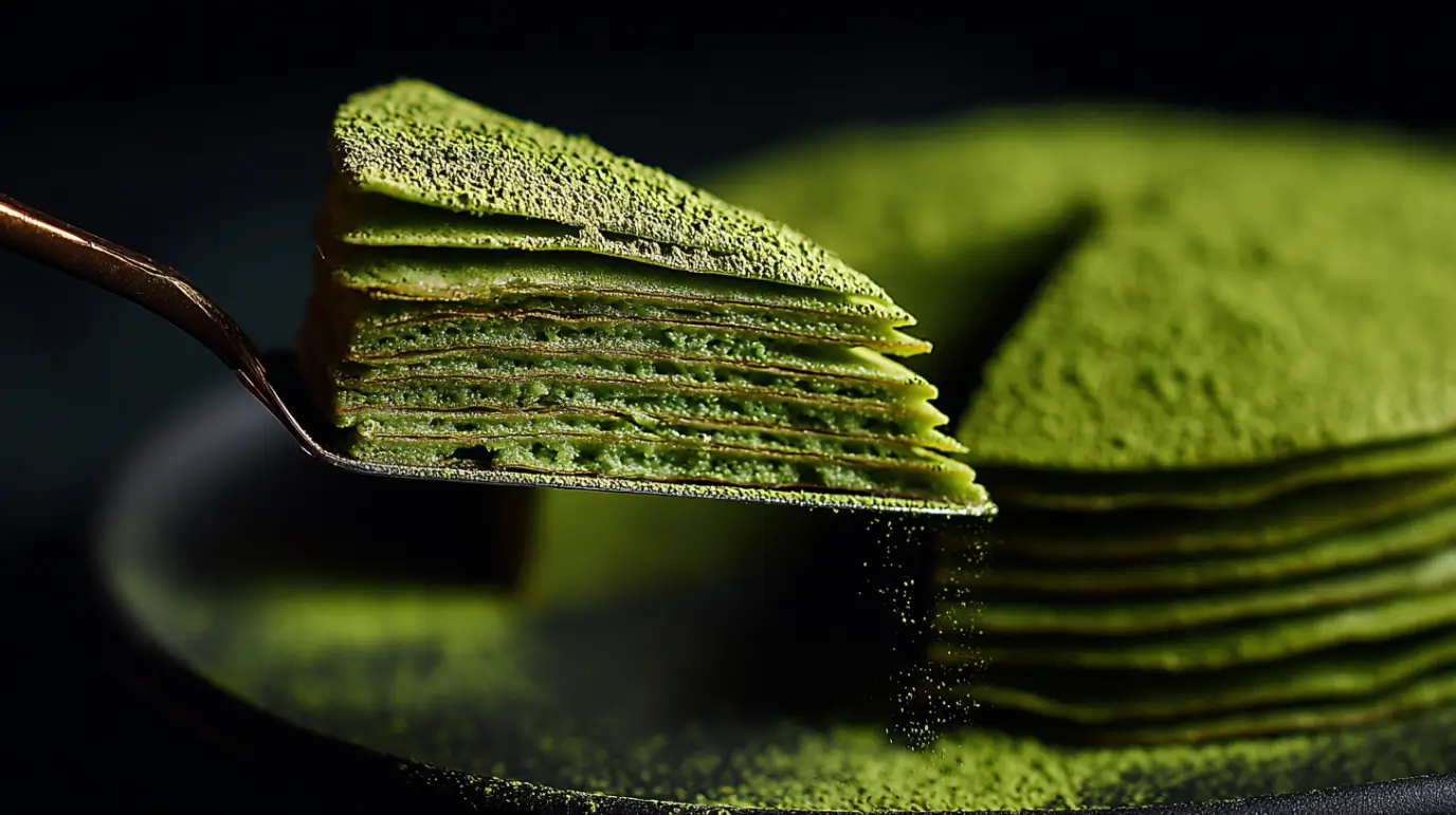 Layered matcha crepe cake slice on a fork with vibrant green color and powdered matcha topping