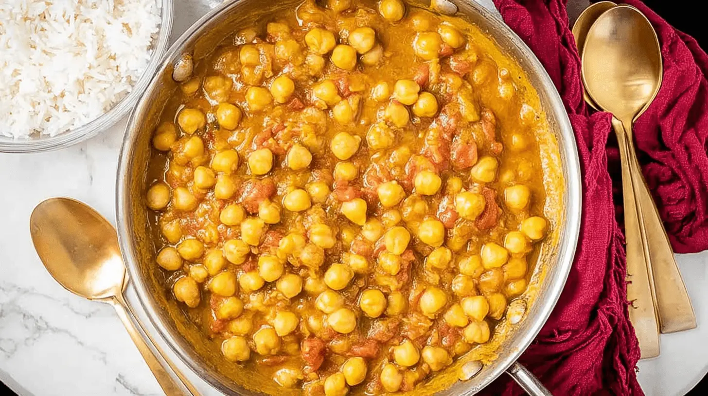 Overhead view of a vibrant one pot vegan chickpea curry with fluffy white rice and golden spoons.