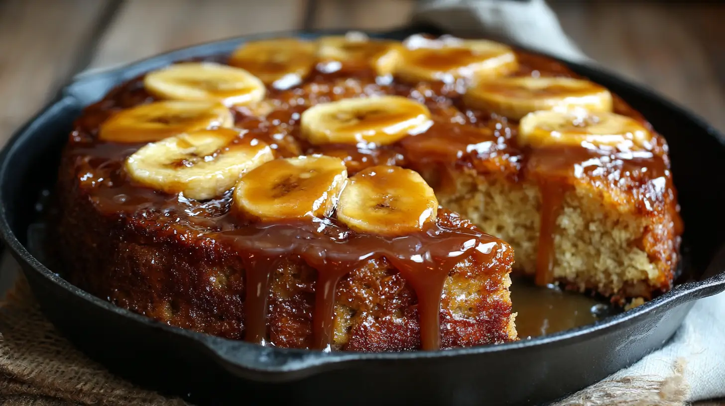 Banana upside down cake in a cast iron skillet with caramelized banana slices and rich caramel sauce dripping down the sides