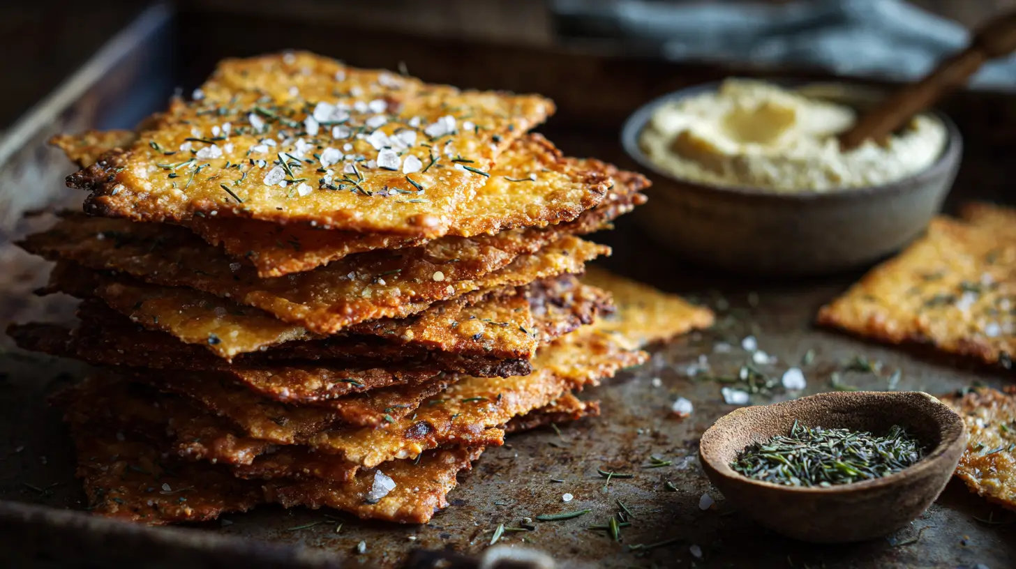 Stack of crispy golden sourdough discard crackers topped with sea salt and herbs on a baking tray, with a bowl of cheese dip