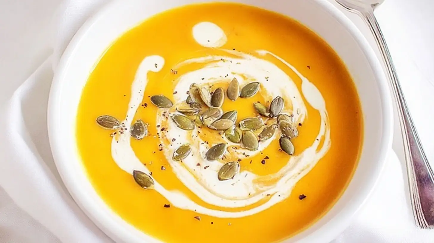 Creamy butternut squash soup topped with pumpkin seeds and a swirl of cream in a white bowl