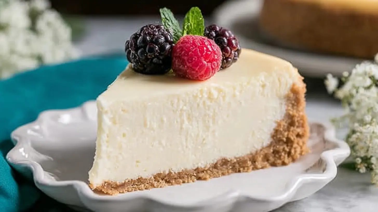 A perfectly presented slice of creamy cheesecake topped with fresh berries and mint on a white plate, showcasing an irresistible cheesecake recipe.