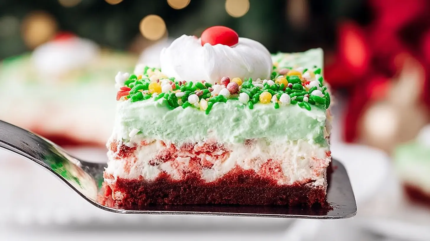 Festive layered christmas lasagna dessert slice with red, white, and green layers, garnished with sprinkles and a cherry, on a serving spatula.