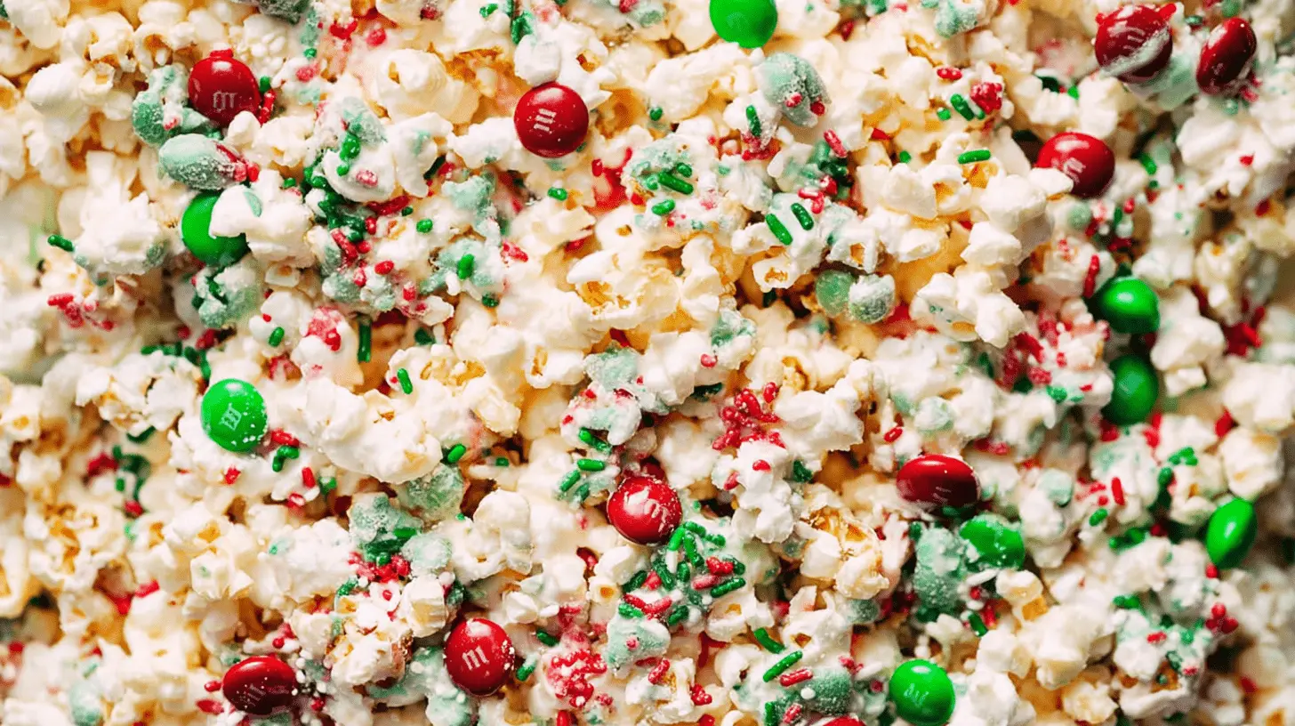 A vibrant close-up of a festive Christmas popcorn recipe mix with white candy coating, red and green M&Ms, and holiday sprinkles.