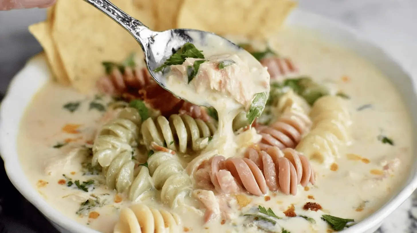 Creamy rotini pasta dish, resembling a hearty Christmas soup, with chicken and herbs being scooped by a silver spoon.