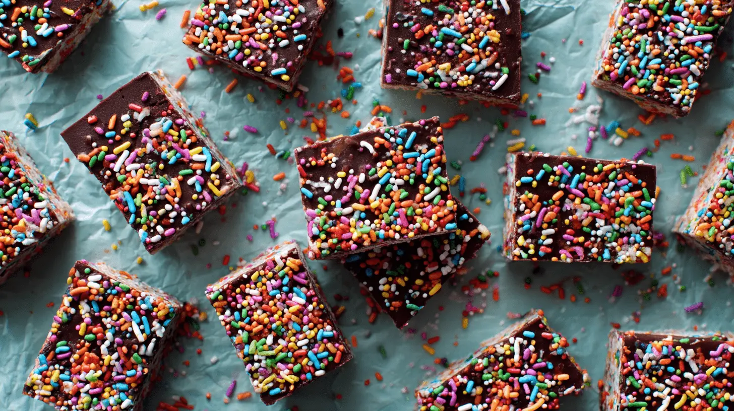 Colorful chocolate-covered rice krispie treat squares on a teal surface, perfect for a delicious rice krispie treat recipe.
