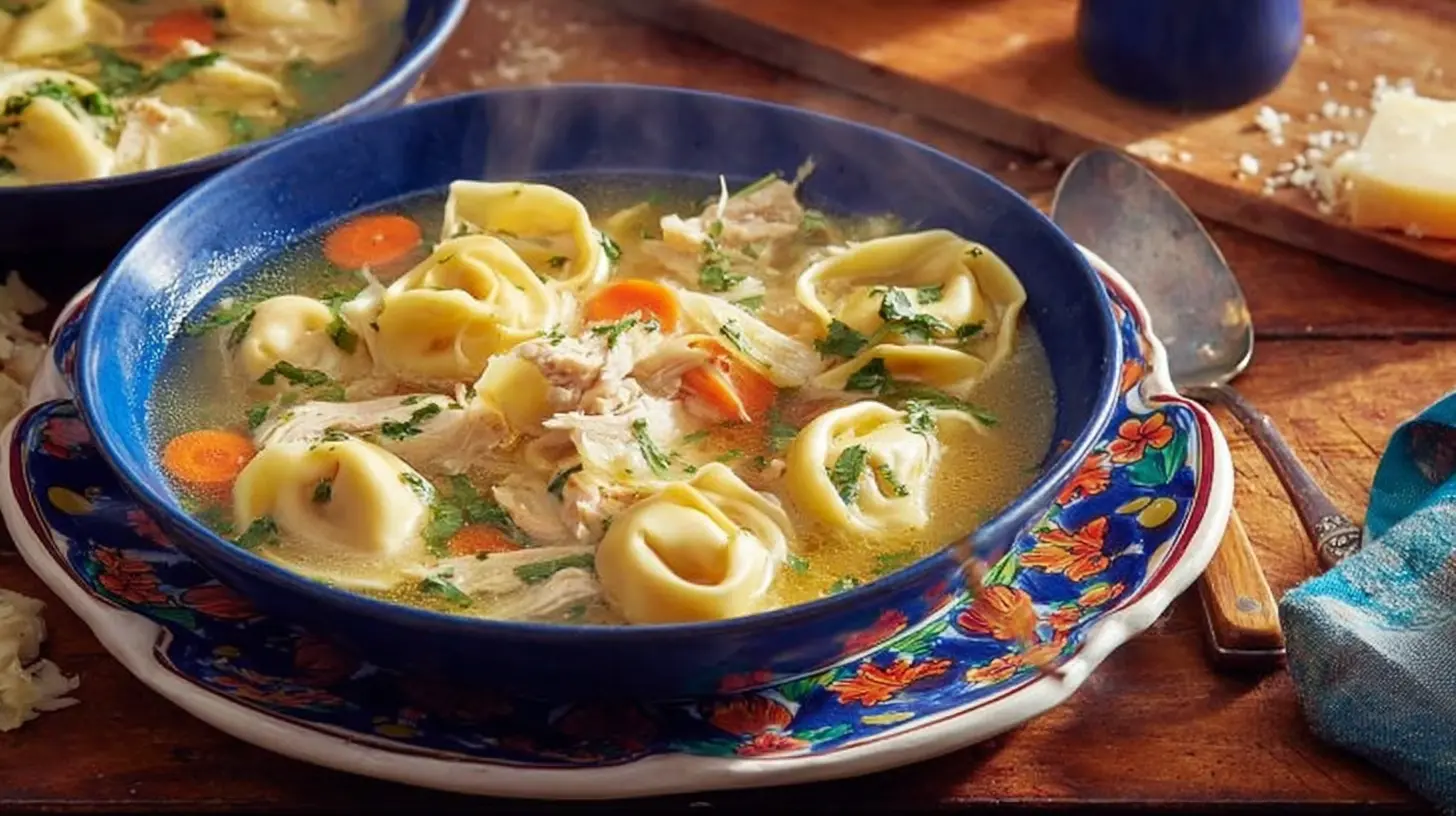 A steaming bowl of homemade chicken tortellini soup recipe with chicken, tortellini, and carrots on a rustic wooden table.
