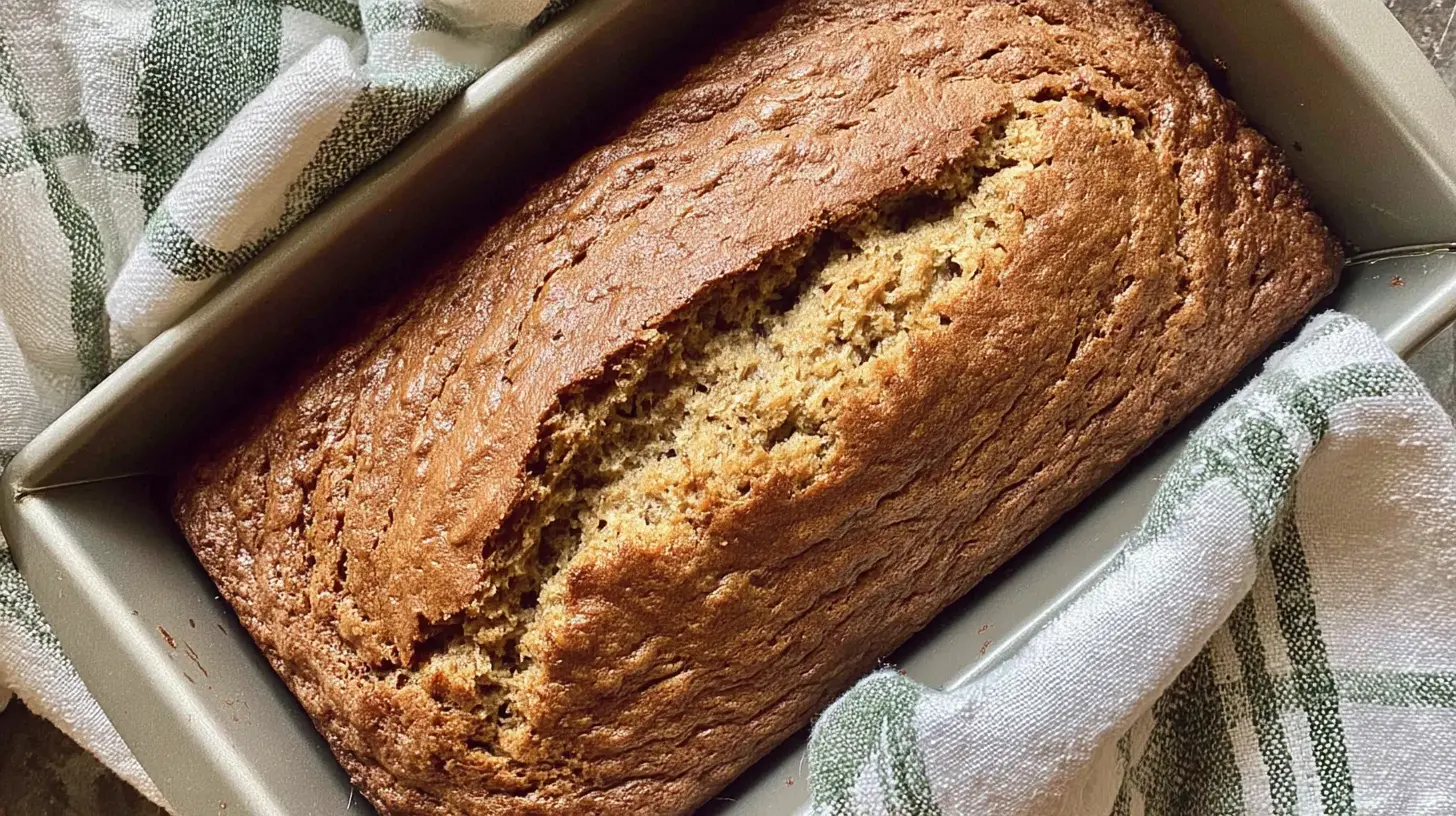 Freshly baked golden-brown gluten free banana bread recipe in a metal loaf pan.