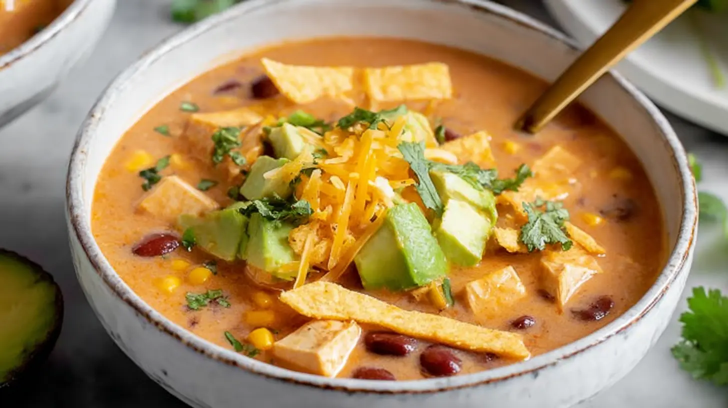 A close-up of a rustic bowl filled with creamy, garnished velvety chicken tortilla soup delight with avocado, cheese, and crispy tortilla strips.