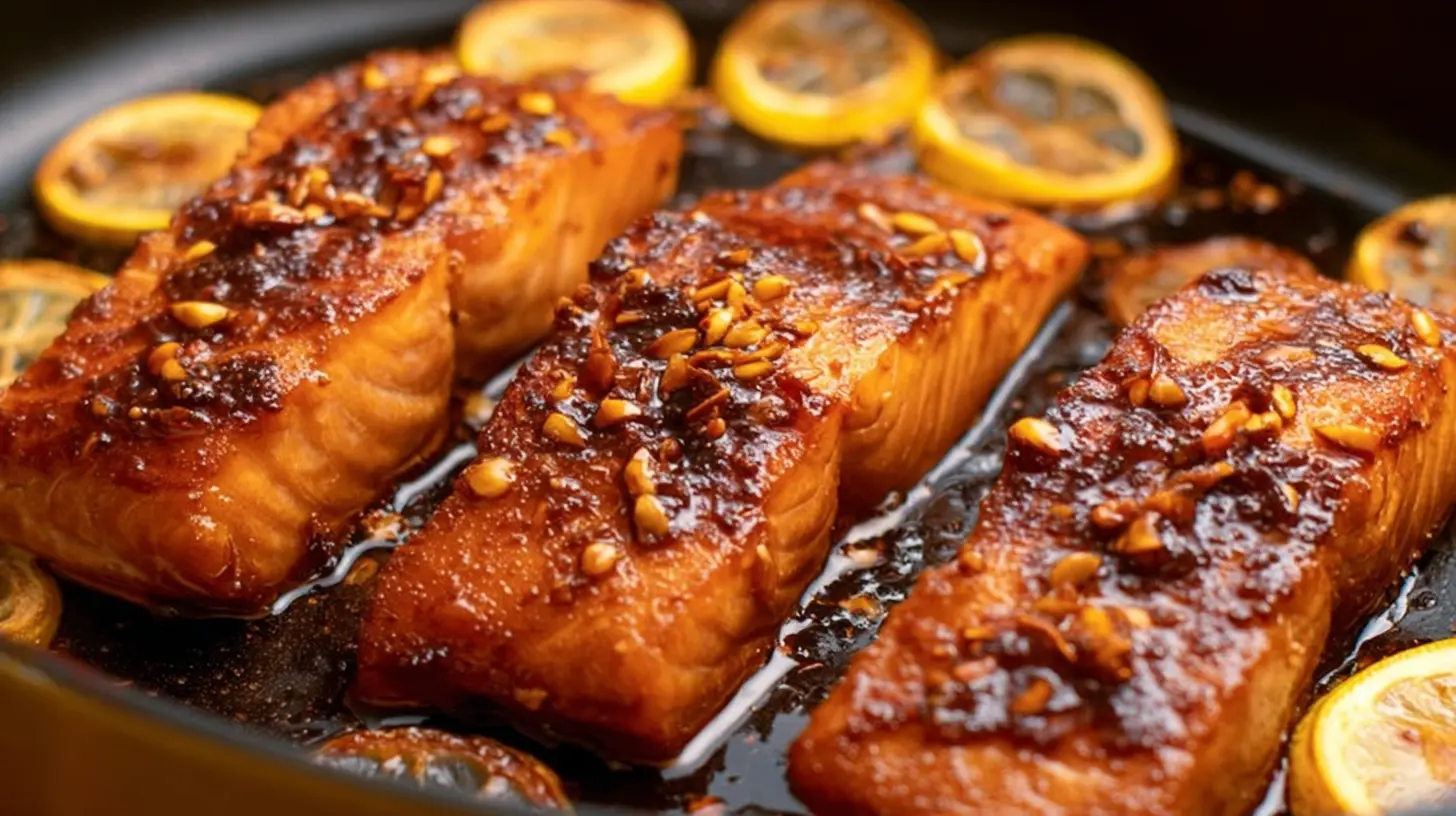 Close-up of perfectly glazed honey salmon recipe in a dark pan, garnished with lemon slices.