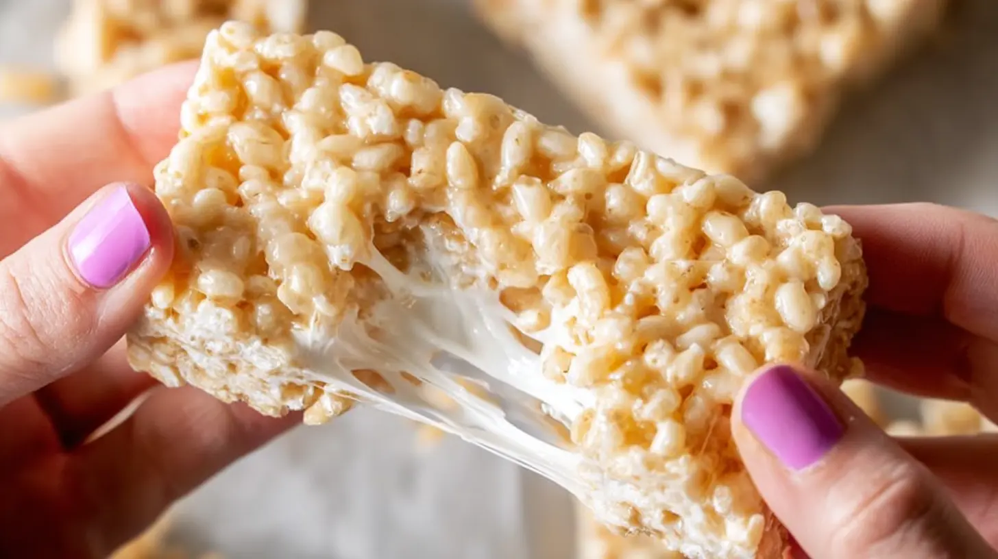 Hands pulling apart a gooey rice crispy treat, showcasing the delicious marshmallow stretch from a fresh rice crispy treats recipe.