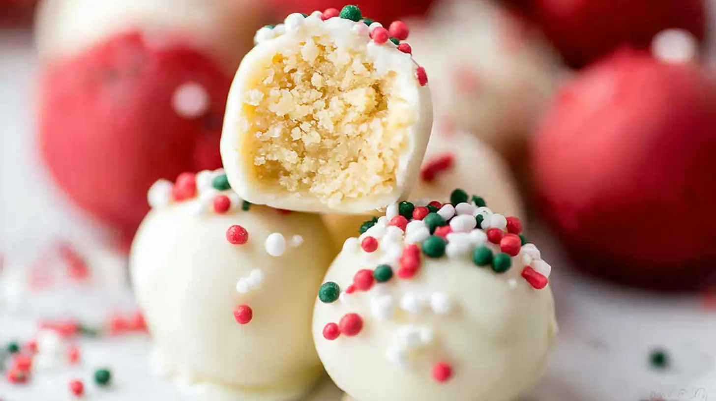 A stack of white Sugar Cookie Truffles, one halved to show the creamy interior, decorated with festive red, white, and green sprinkles against a blurred red background.