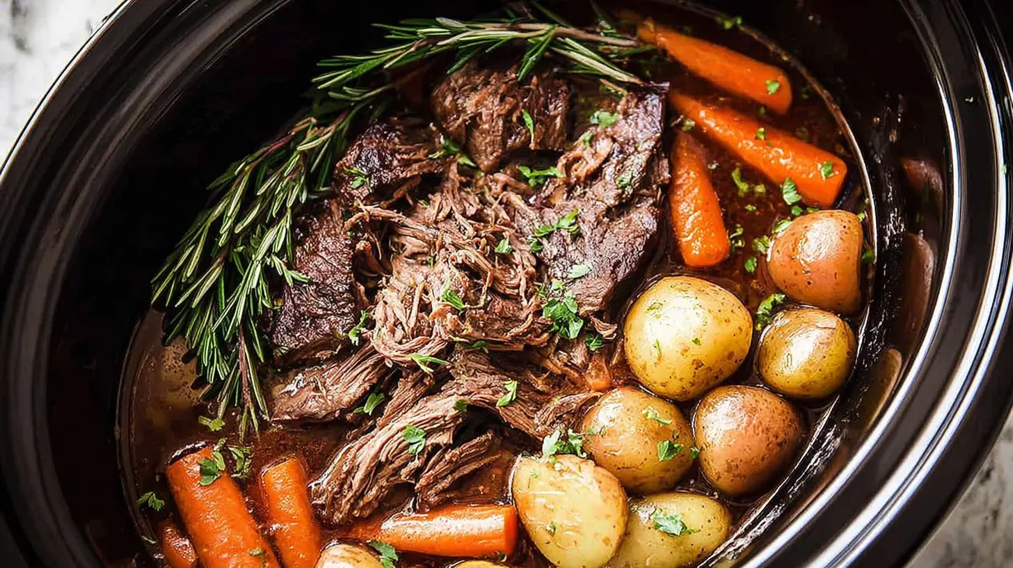 Hearty slow-cooked pot roast with tender beef, carrots, and potatoes, perfect for comforting sunday dinner ideas.