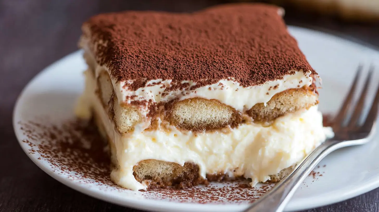 Appetizing close-up of a single slice of classic tiramisu, showcasing rich layers of mascarpone cream and coffee-soaked ladyfingers, perfect for anyone searching for a tiramisu recipe.