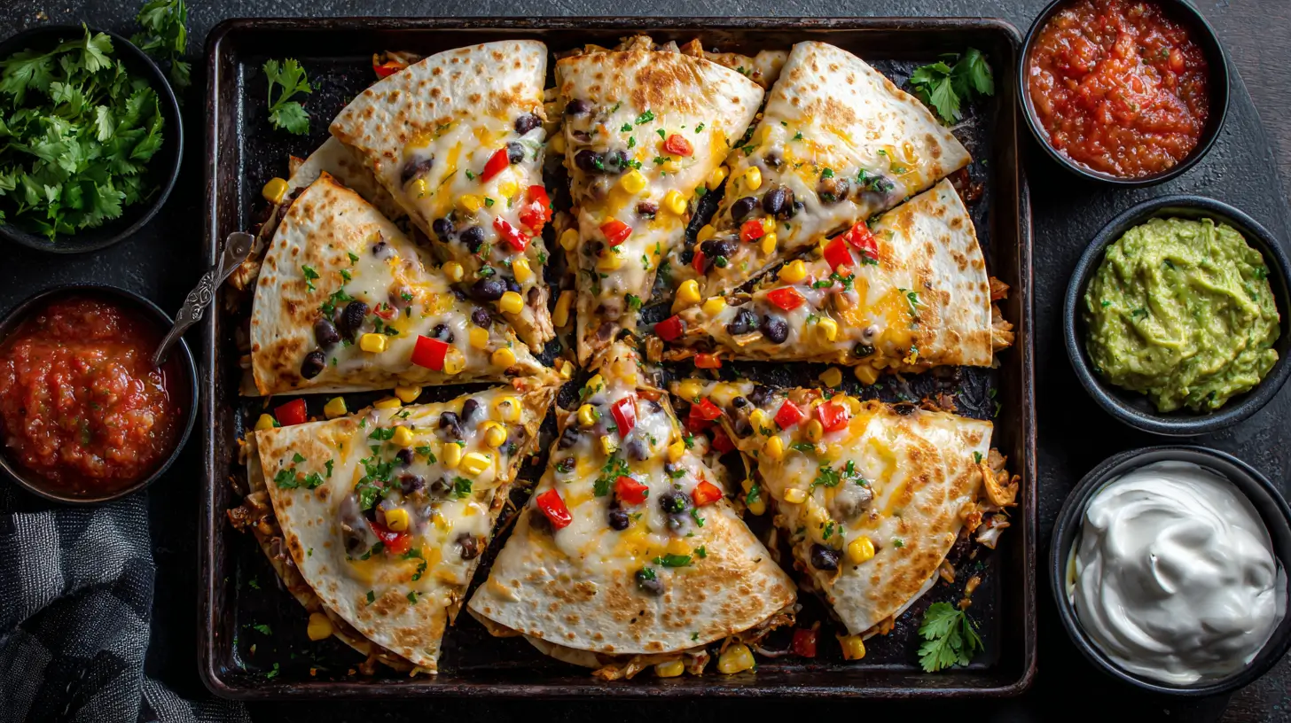 Sheet pan chicken and veggie quesadillas cut into wedges, topped with melted cheese, black beans, corn, and red pepper, served with salsa, guacamole, and sour cream