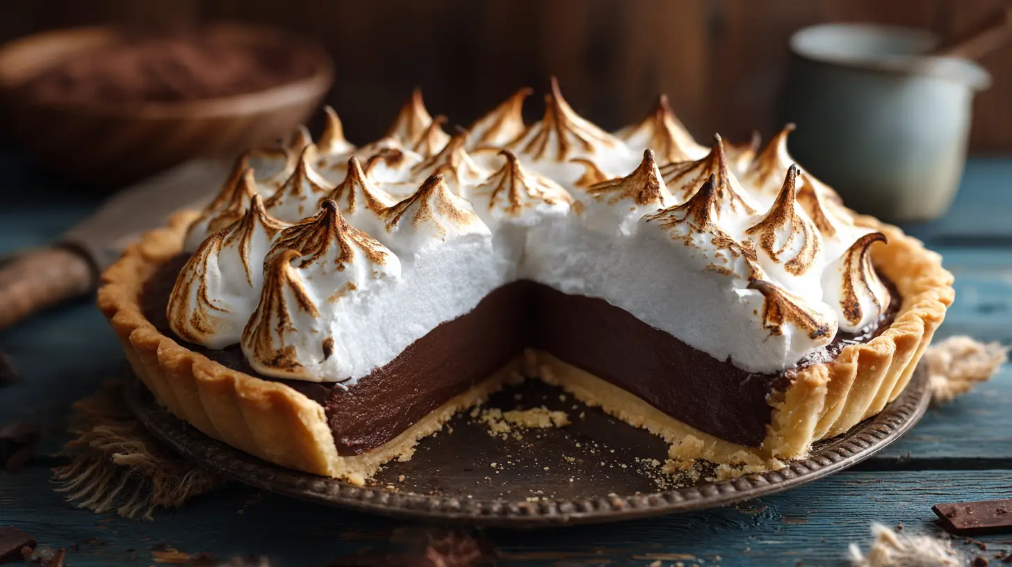 Classic chocolate pie with a flaky crust, rich chocolate custard filling, and tall toasted meringue peaks with a slice removed on a rustic metal pie plate