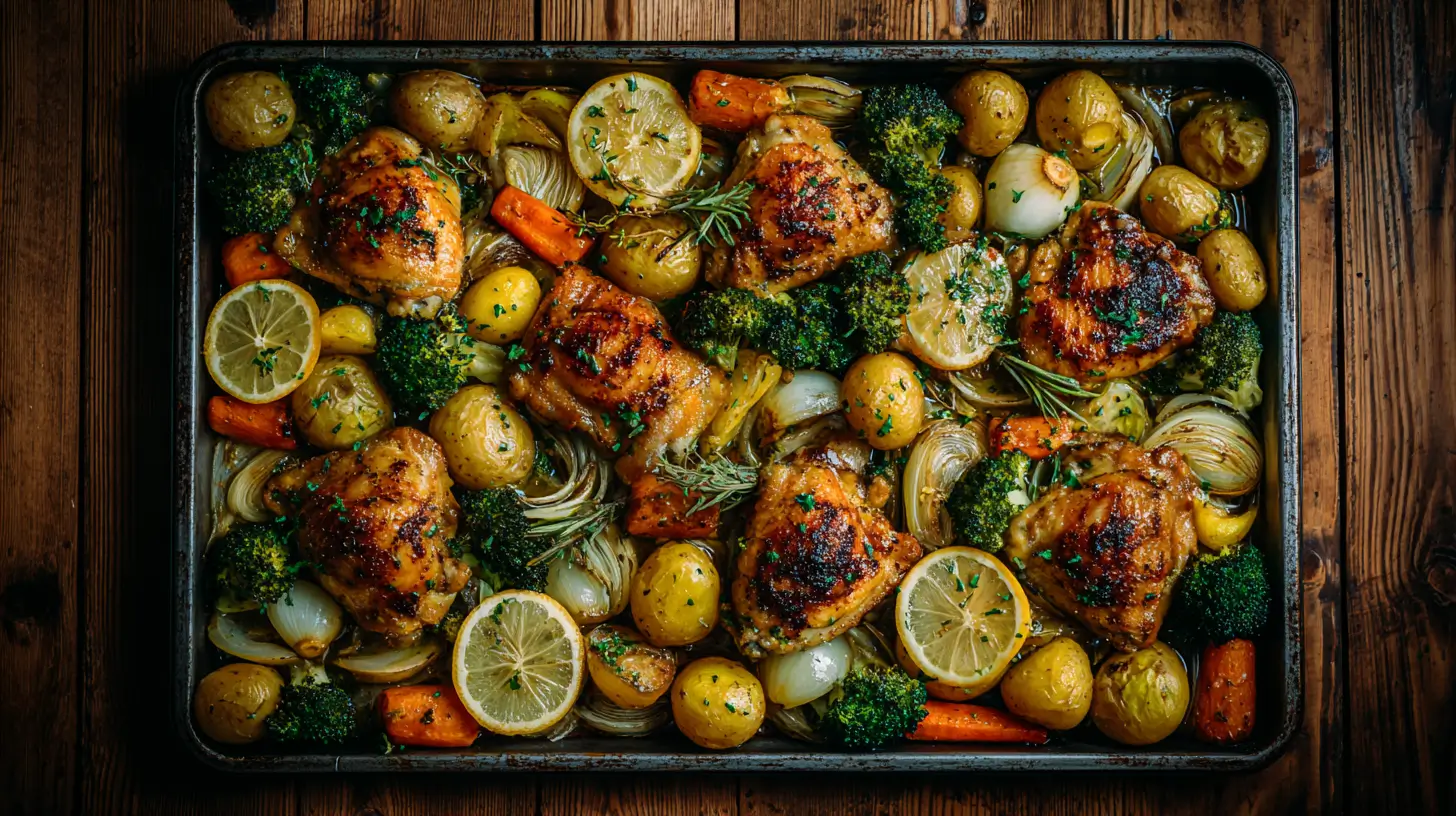 Sheet pan Friday night dinner with crispy roasted chicken thighs, baby potatoes, carrots, onions, broccoli, and lemon slices on a rustic wooden table