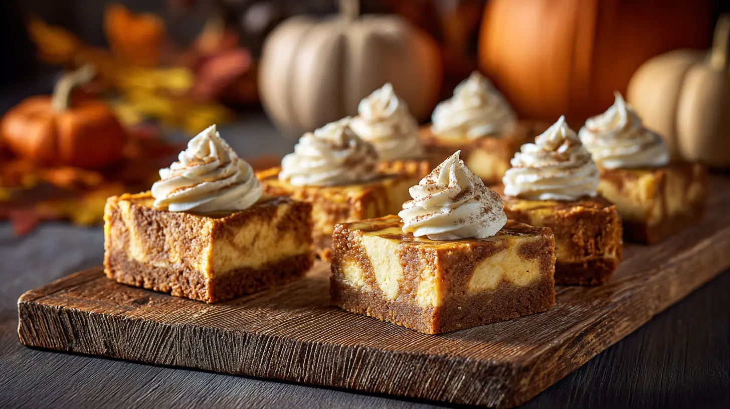 Pumpkin cheesecake bars on a rustic wooden board, with marbled pumpkin and cheesecake layers, graham cracker crust, and swirls of whipped cream topped with cinnamon