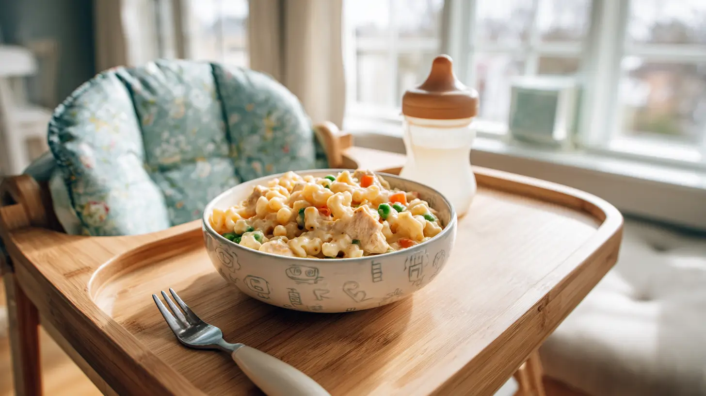 Bowl of cheesy chicken and veggie pasta on a wooden highchair tray with a toddler fork and sippy cup, in front of a window