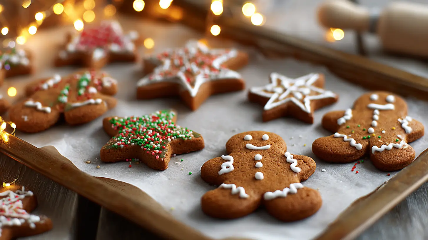 Classic gingerbread cookies on a parchment-lined baking sheet, shaped like gingerbread people and stars, decorated with white icing and Christmas sprinkles, warm holiday lights in background