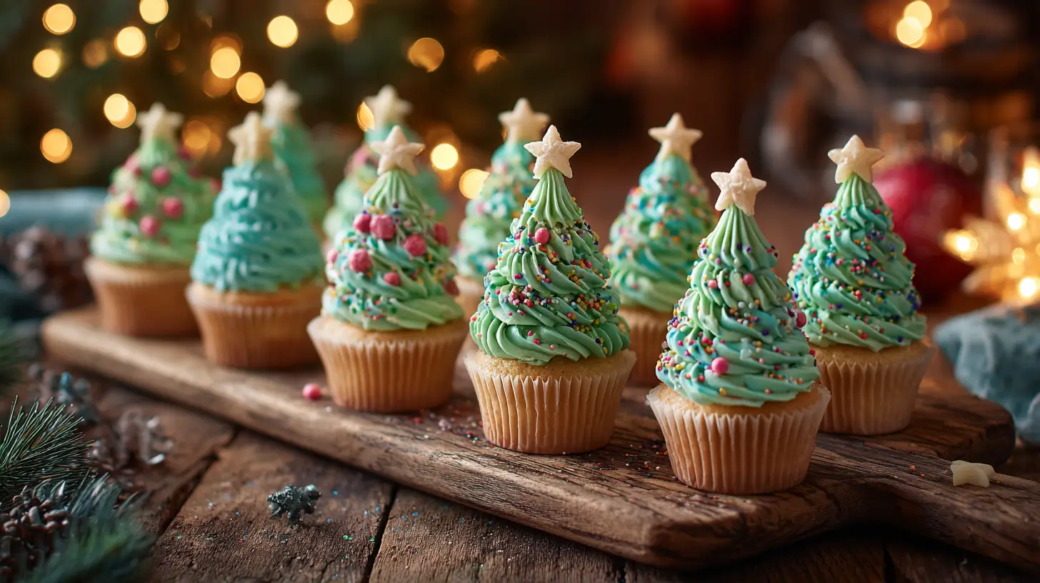 Vanilla cupcakes topped with green Christmas tree frosting and star toppers, decorated with colorful sprinkles on a rustic wooden board with holiday lights in the background
