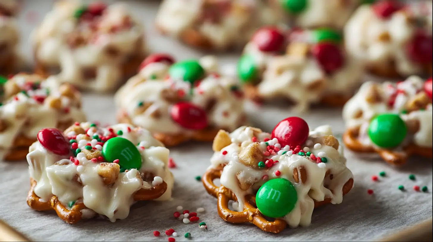 White chocolate pretzel crockpot Christmas candy topped with festive red and green M&Ms, holiday sprinkles, and peanuts, arranged on parchment paper