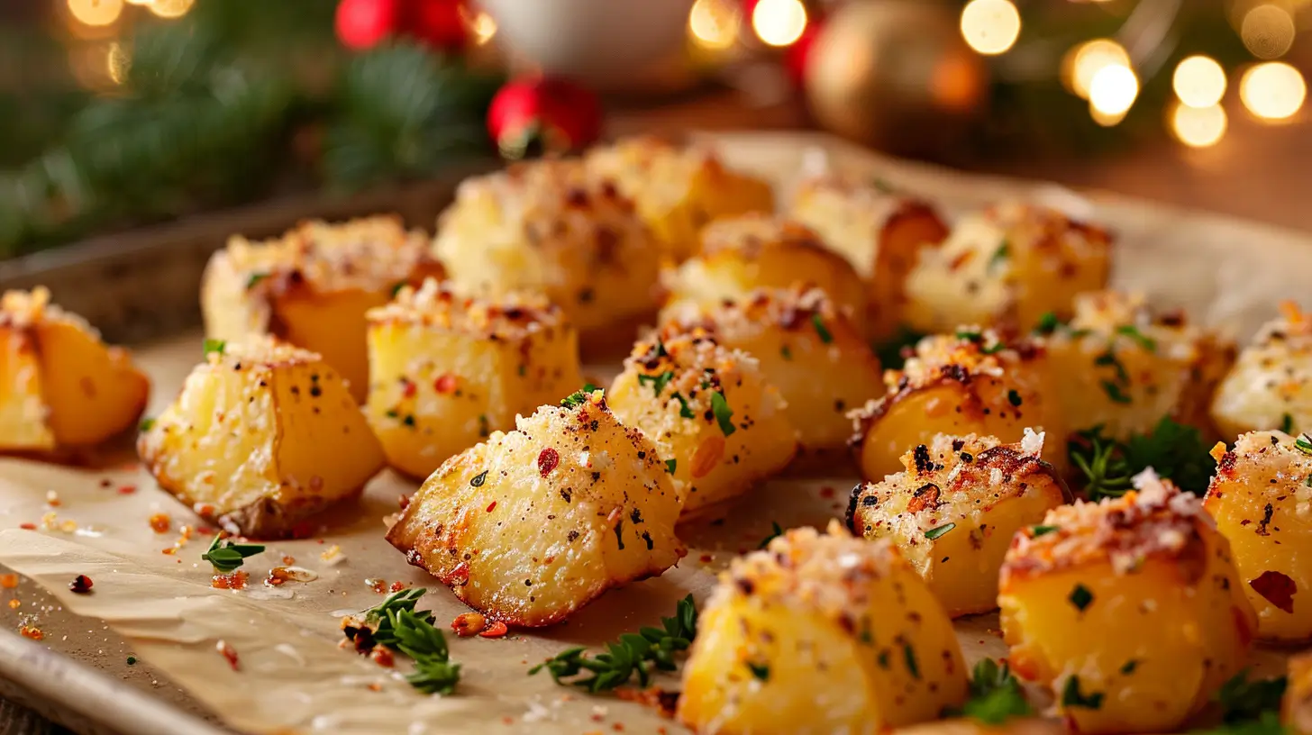 Crispy roasted Parmesan potato cubes on a parchment-lined baking tray, sprinkled with herbs and red pepper flakes, with blurred Christmas lights and greenery in the background.