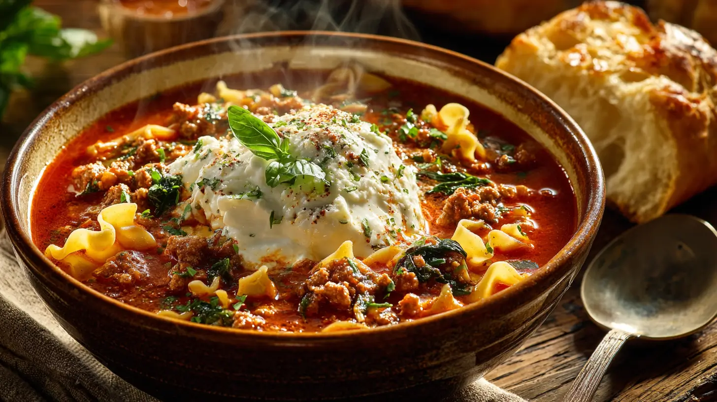 Hearty lasagna soup in a rustic bowl, rich tomato broth with ground beef, sausage, lasagna noodles, spinach, and a big dollop of ricotta-mozzarella-parmesan cheese, garnished with fresh basil and served with crusty bread