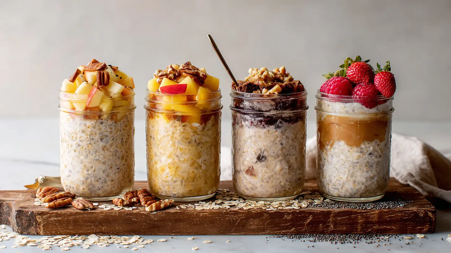 Four jars of overnight oats on a wooden board, topped with apple and pecans, peaches, chocolate and nuts, and peanut butter with fresh berries