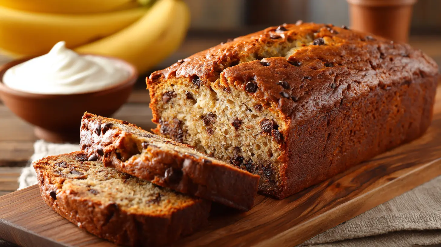 Moist sour cream banana bread loaf with mini chocolate chips, sliced on a wooden board with ripe bananas and a bowl of sour cream in the background