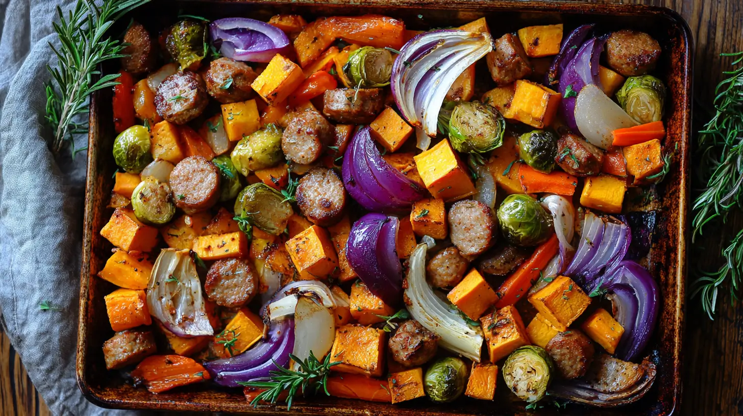 One-pan autumn sheet pan dinner with roasted Italian sausage, sweet potatoes, butternut squash, Brussels sprouts, carrots, and red onions, garnished with fresh rosemary and thyme, golden caramelized vegetables, cozy fall comfort food