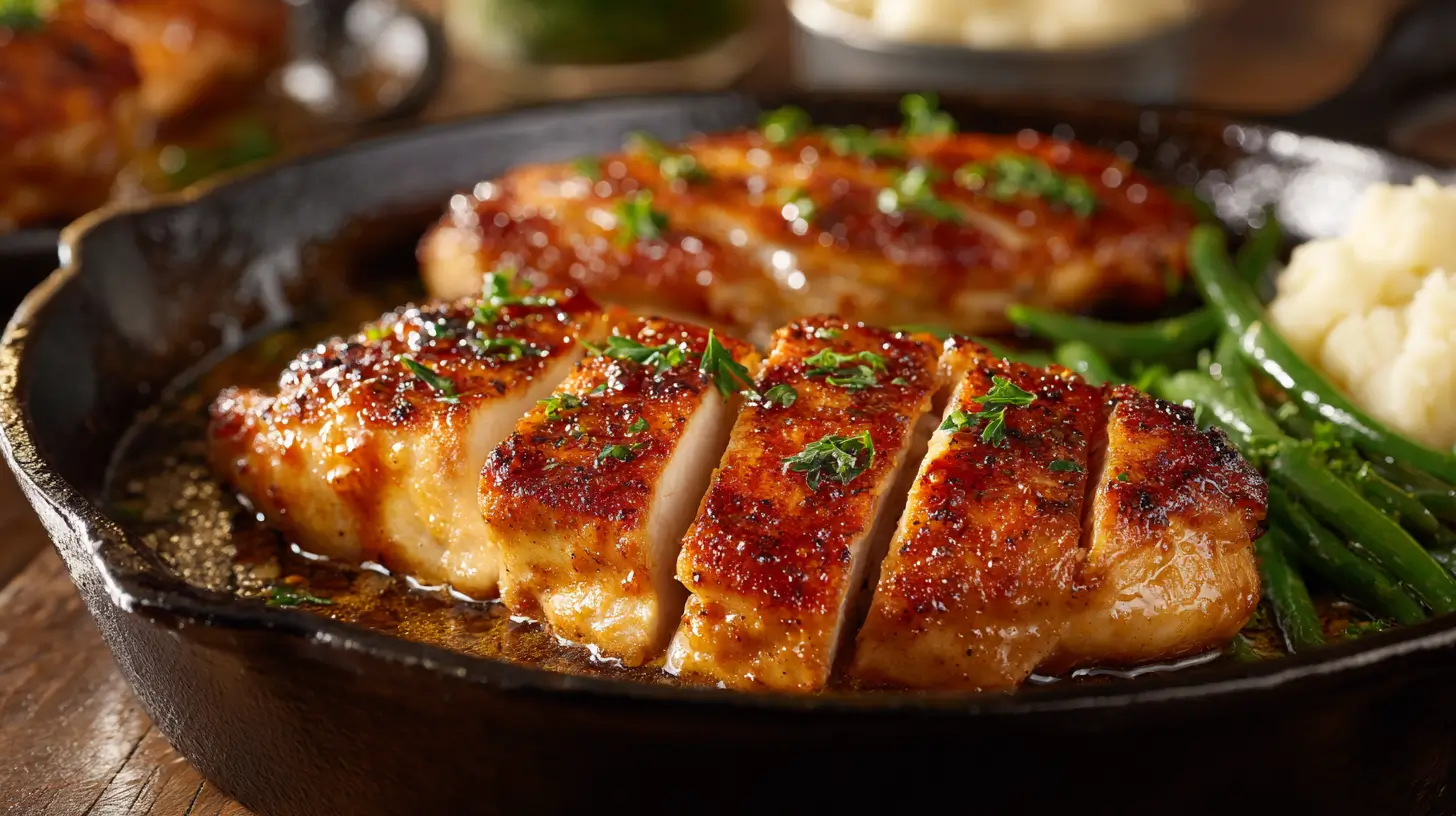 Pan-seared chicken breast sliced in a cast iron skillet, golden crispy crust with fresh parsley, served with green beans and mashed potatoes in a rich buttery pan sauce