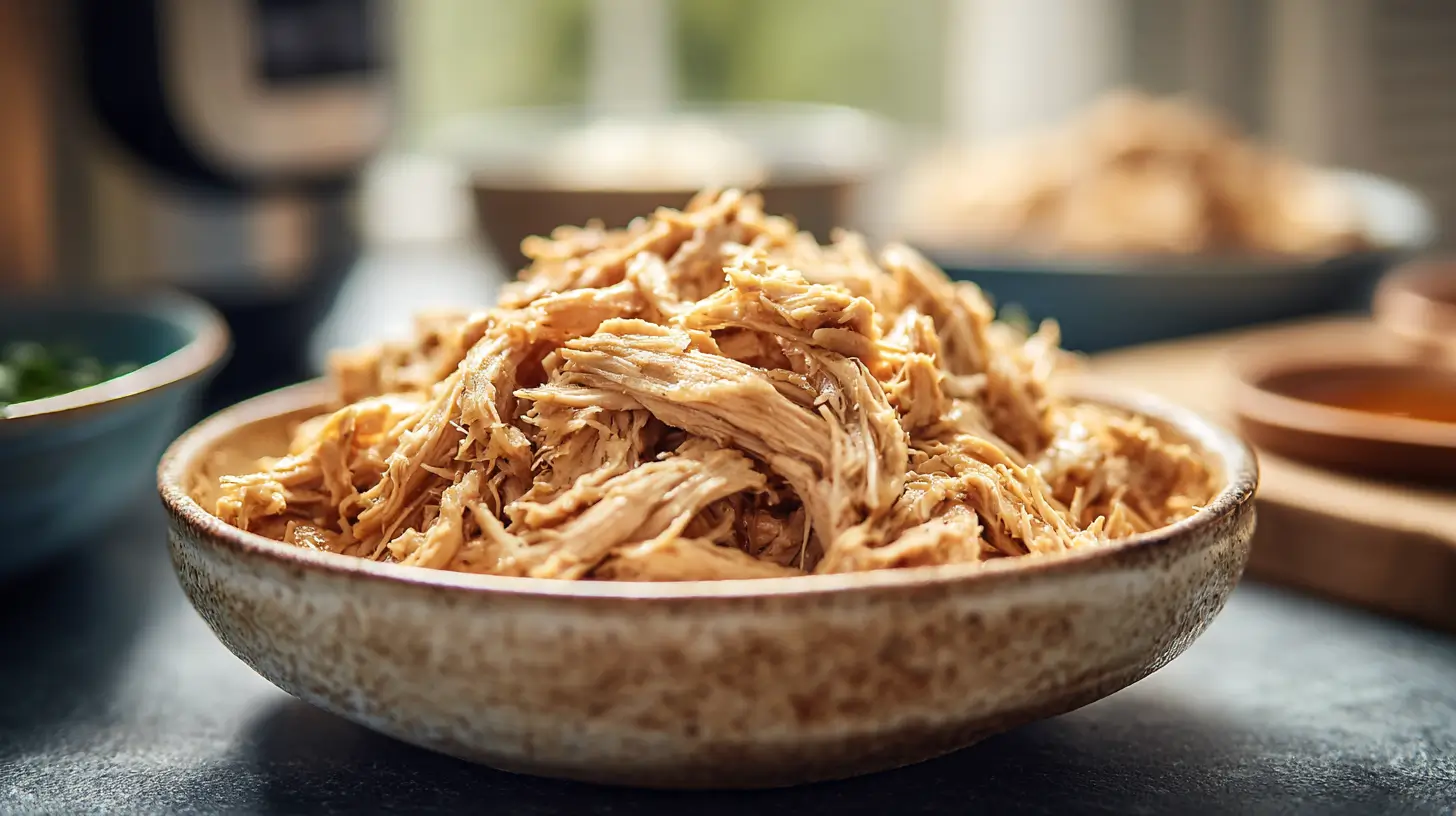 Tender crockpot shredded chicken in rustic bowl, juicy and perfectly cooked, easy slow cooker meal prep protein