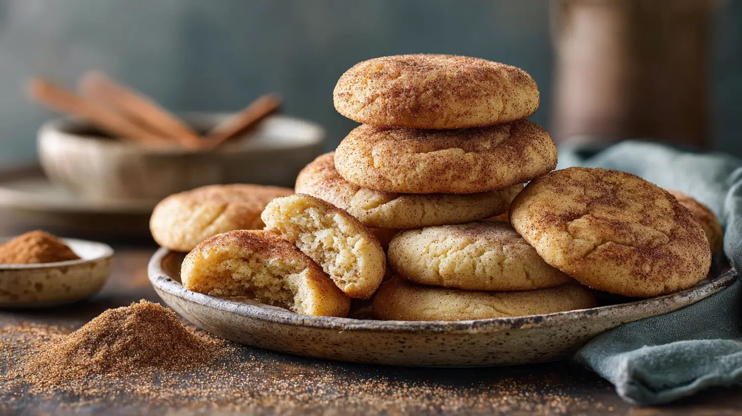 Stack of soft and chewy snickerdoodle cookies on a rustic plate, with one cookie broken open to show the tender center, surrounded by cinnamon-sugar and a small bowl of ground cinnamon in the background.