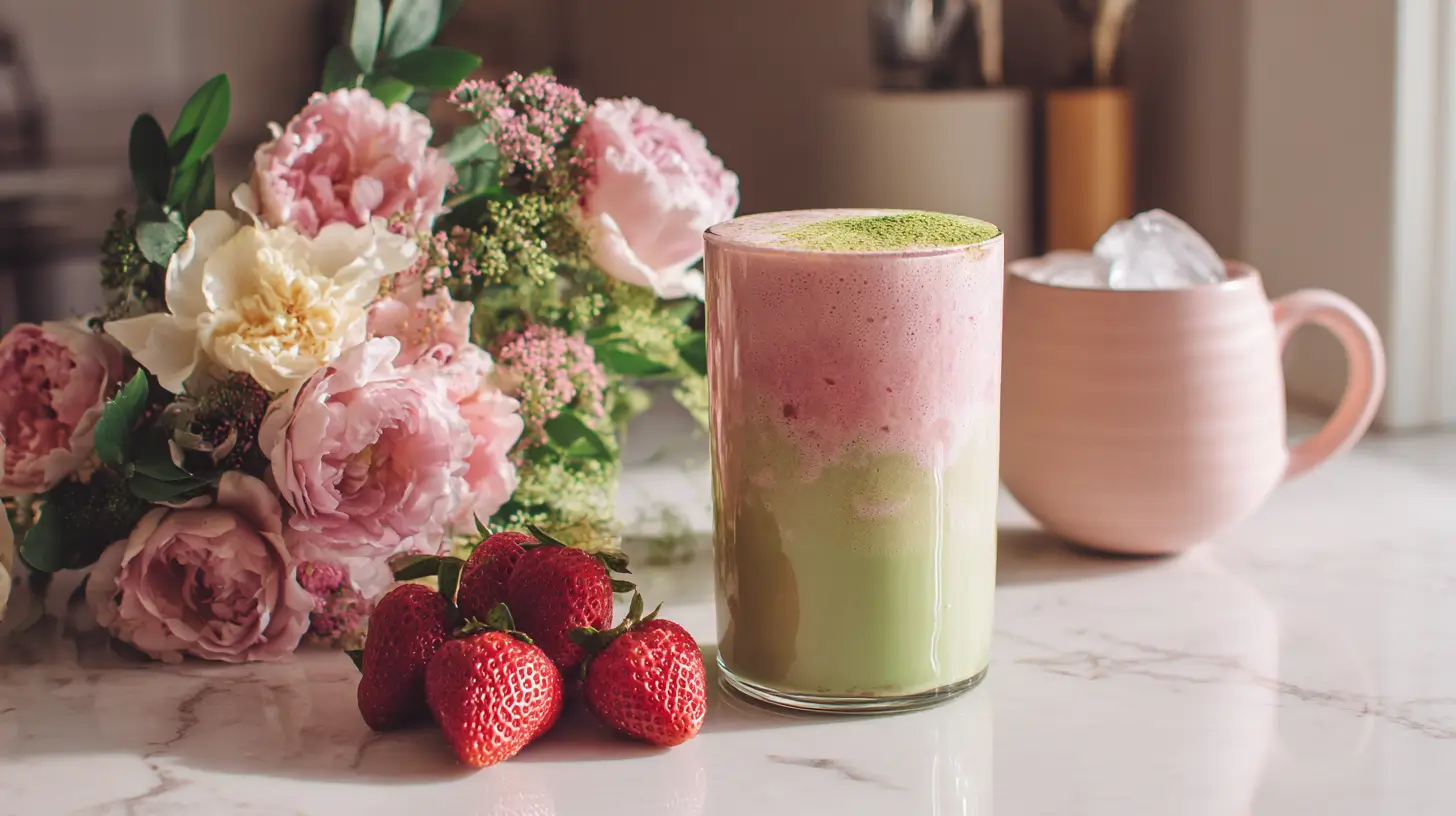 Strawberry matcha latte in a clear glass with fresh strawberries and pink flowers on a marble countertop