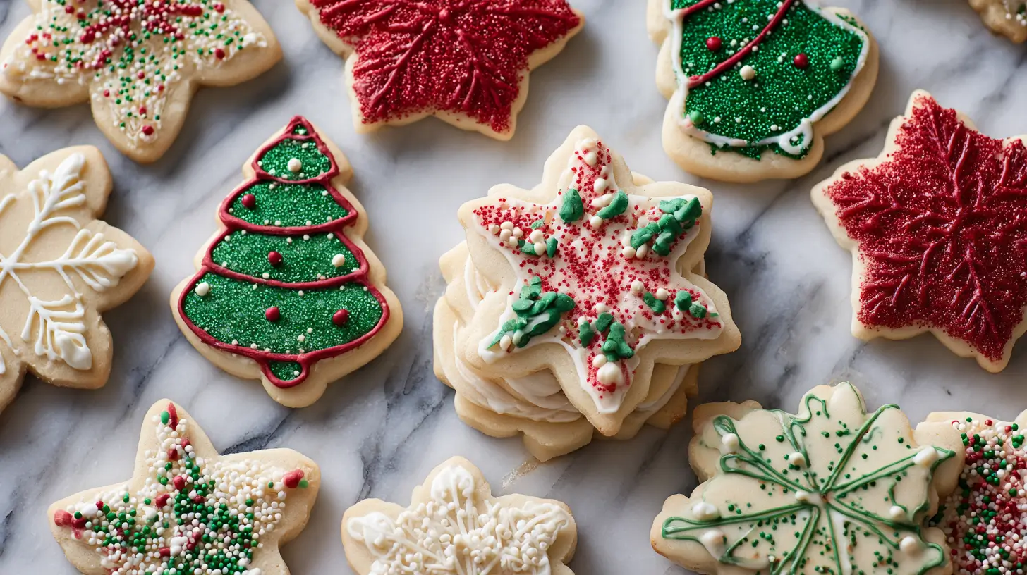 Classic Christmas sugar cookies in snowflake, tree, and star shapes, decorated with colorful icing and festive sprinkles, arranged on a white marble background for the holidays.