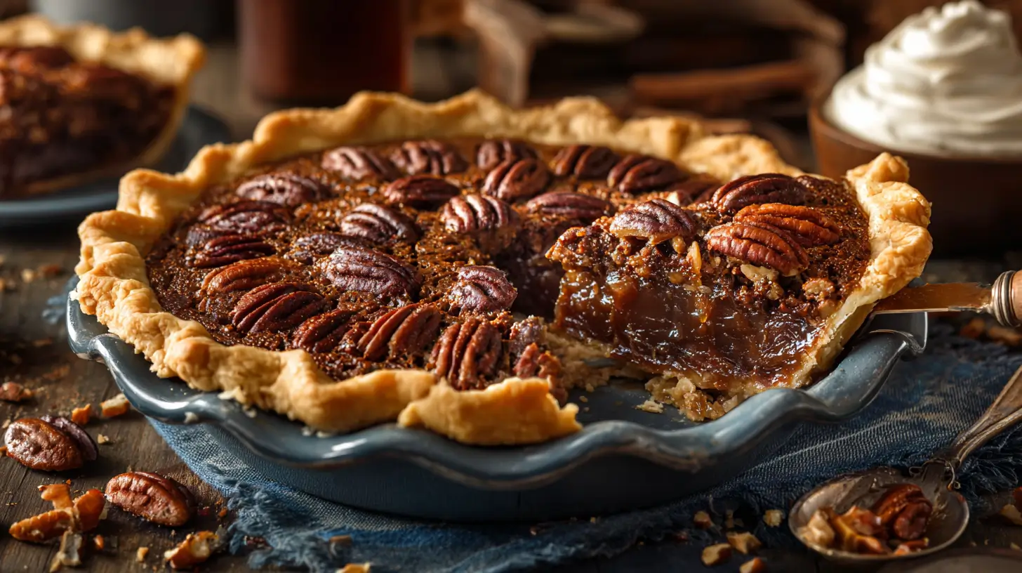 Classic pecan pie with a golden flaky crust, glossy deep-brown filling, and whole toasted pecans on top, slice being served—set on a rustic wooden table with a bowl of whipped cream in the background