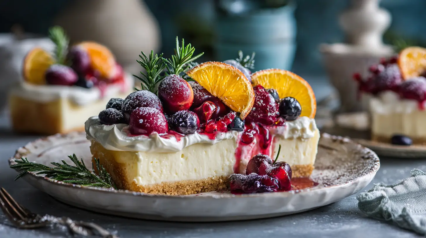 No-bake Christmas cheesecake slice with biscuit crust, thick creamy cheesecake layer, and whipped cream topping, decorated with fresh berries, cherries, orange slices, rosemary, and a dusting of powdered sugar, festive holiday dessert.