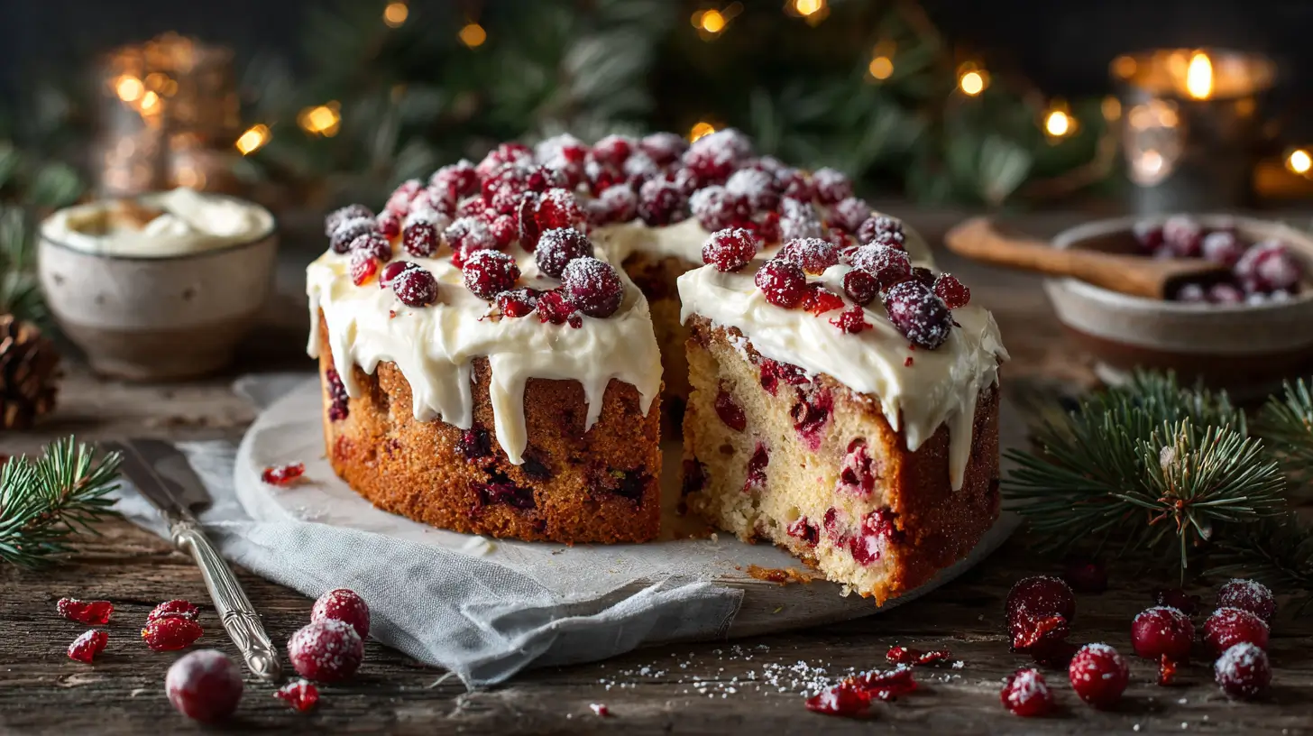Festive cranberry Christmas cake with golden crumb, dotted with bright cranberries, topped with creamy white frosting and sparkling candied cranberries, holiday greenery and lights in background.