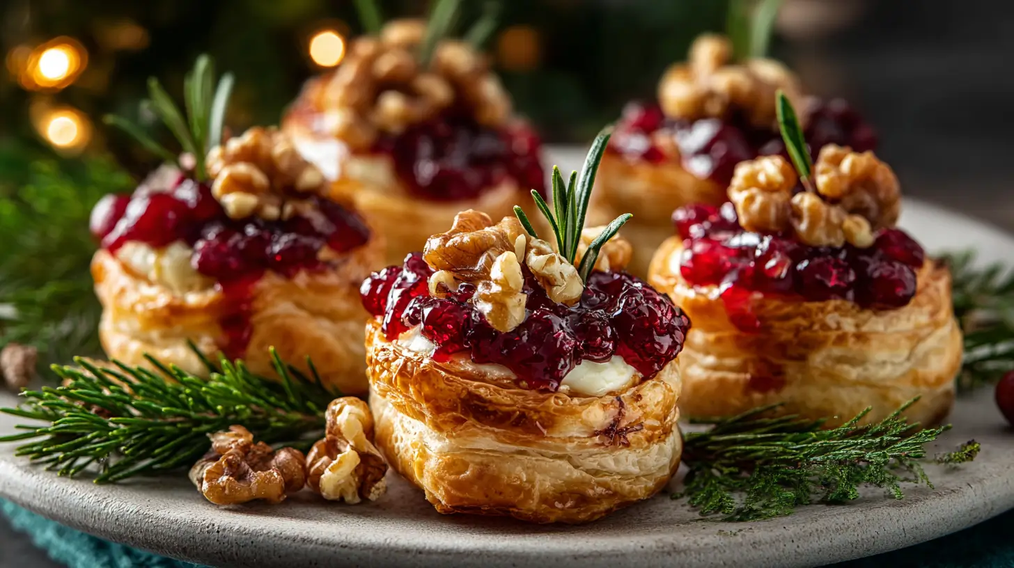 Festive cranberry brie bites on a plate, flaky puff pastry filled with creamy brie, tart cranberry sauce, and crunchy walnuts, topped with fresh rosemary for a holiday appetizer.