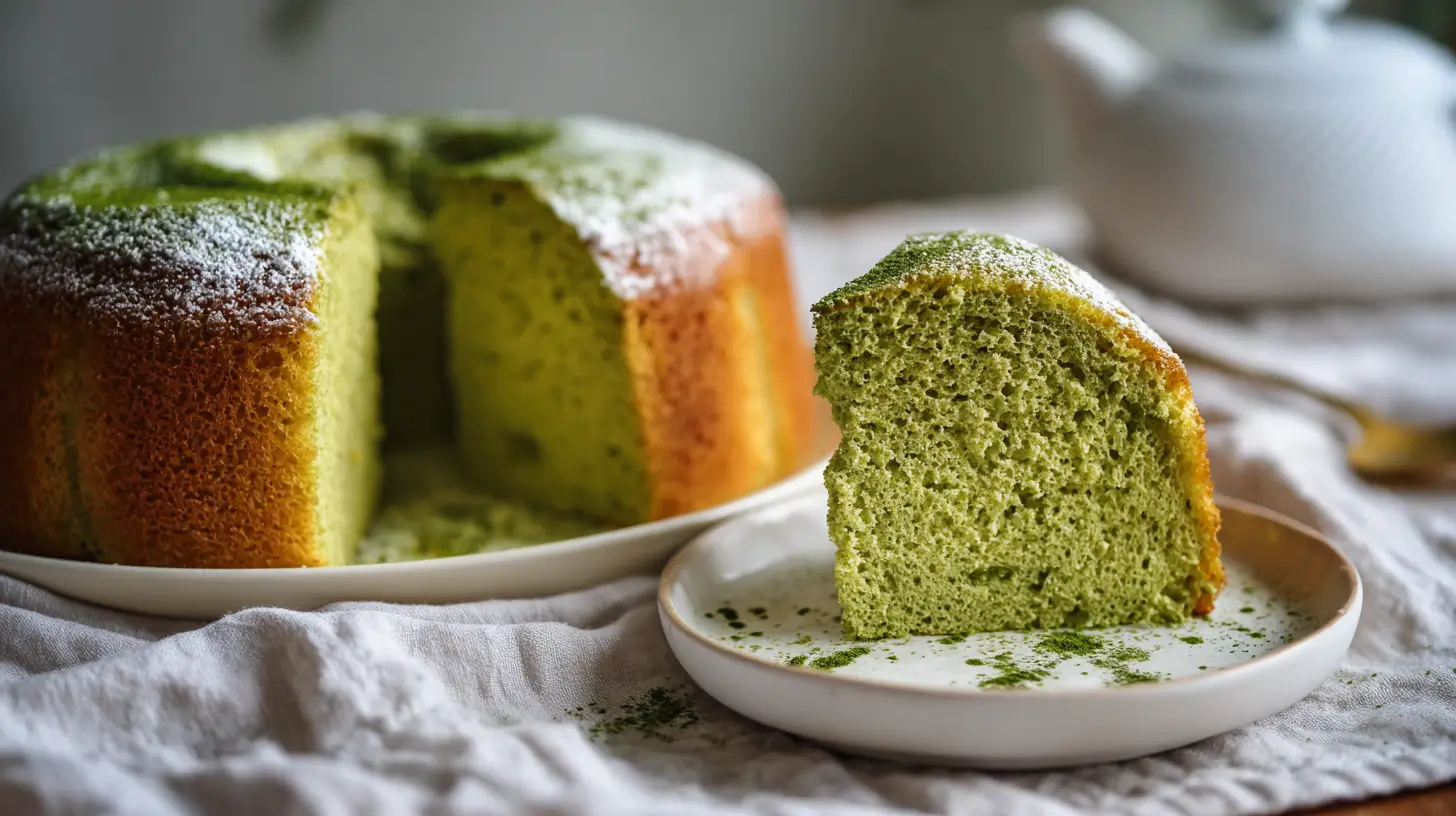 Fluffy matcha sponge cake with a light green interior, topped with powdered sugar, fresh slice served on a plate, delicate crumbs, soft texture, bright natural lighting.​