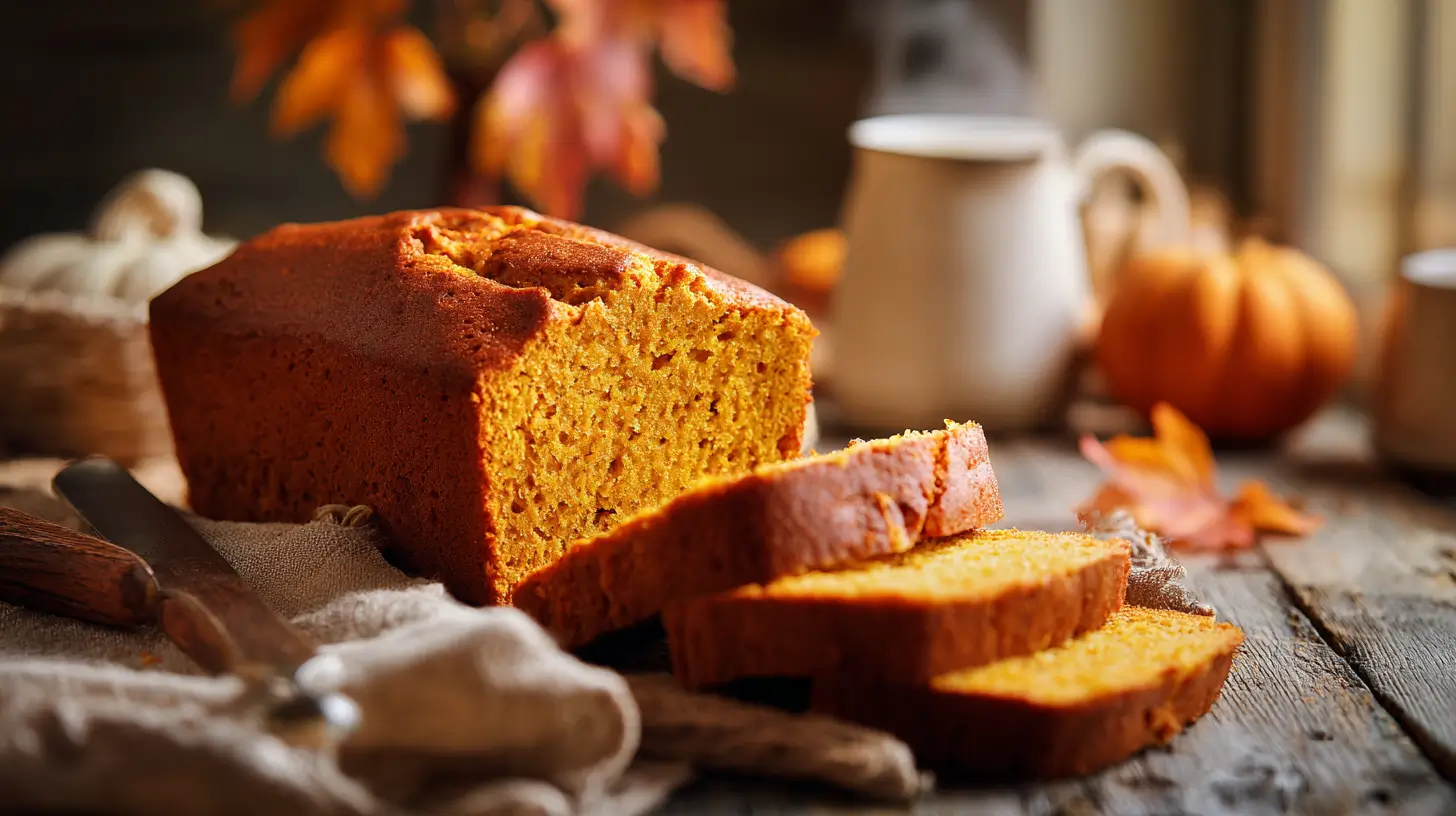 Moist homemade pumpkin bread loaf, sliced on a rustic wooden table with warm autumn light, surrounded by pumpkins and cozy fall décor