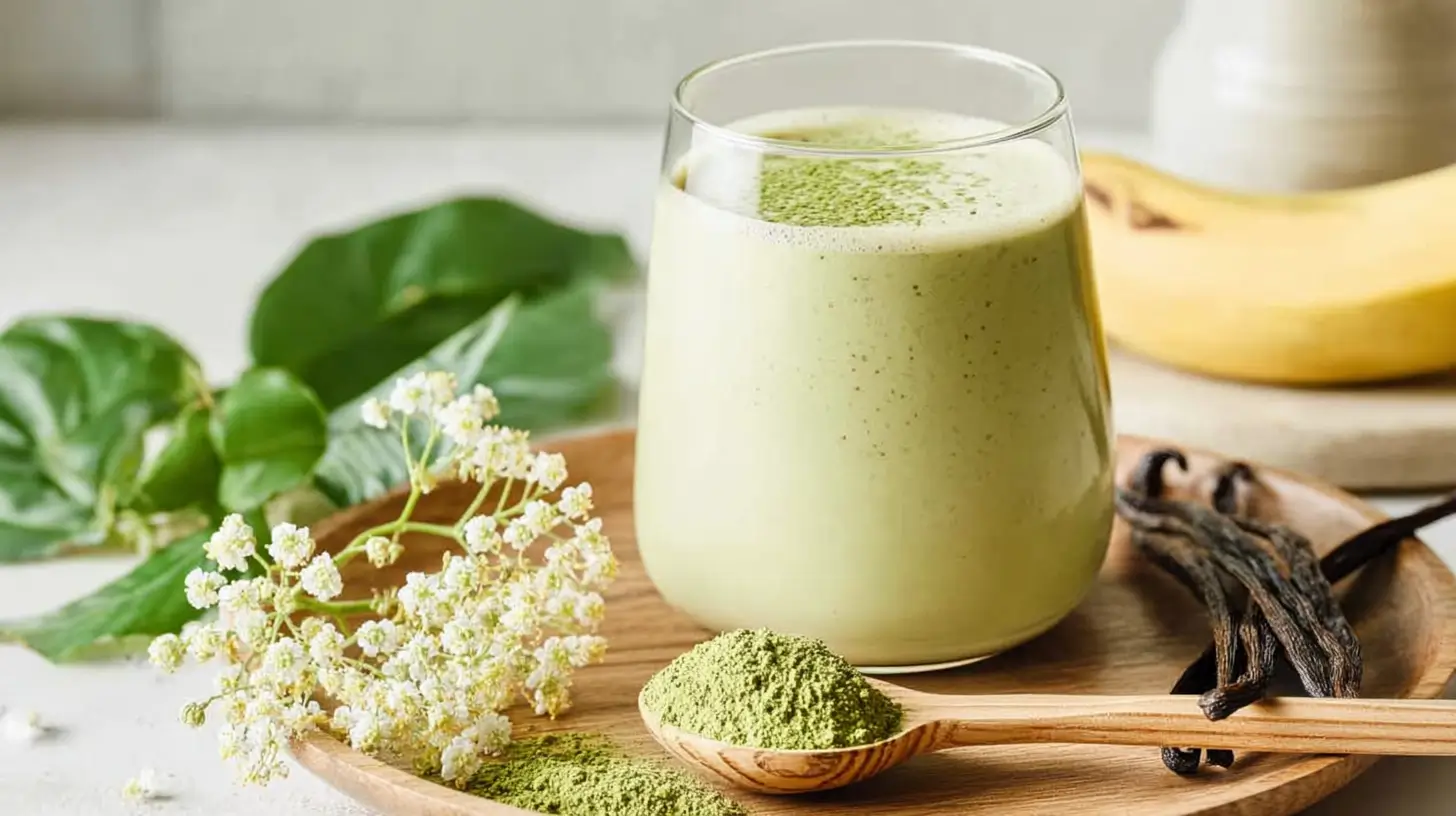 Vanilla matcha spinach smoothie in a clear glass with matcha powder, vanilla beans, spinach leaves, and white flowers on a wooden tray