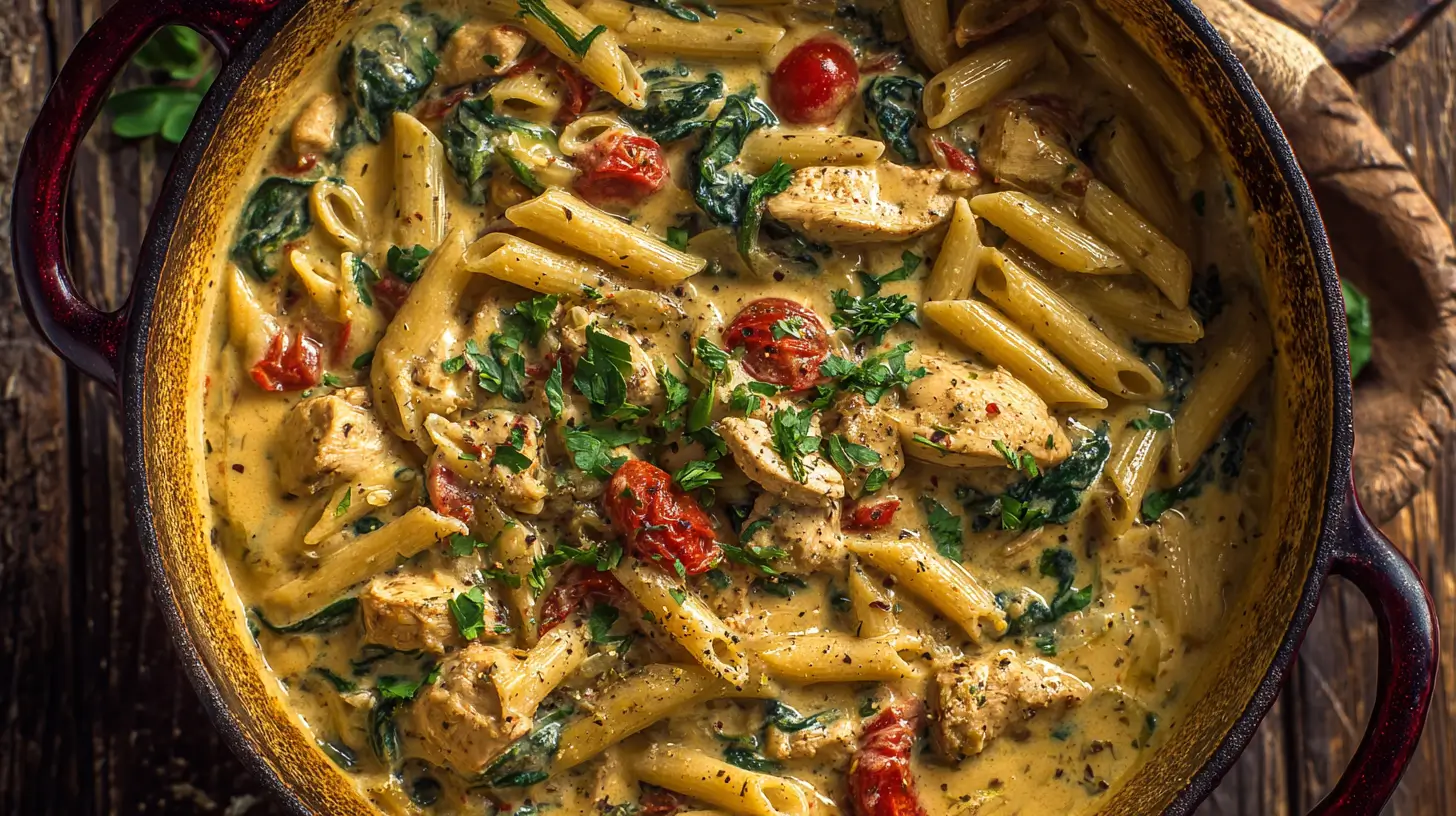 One-pot creamy chicken pasta in a Dutch oven, with tender chicken, penne pasta, wilted spinach, cherry tomatoes, and a rich Parmesan cream sauce, all garnished with fresh parsley, comforting and easy weeknight dinner.​