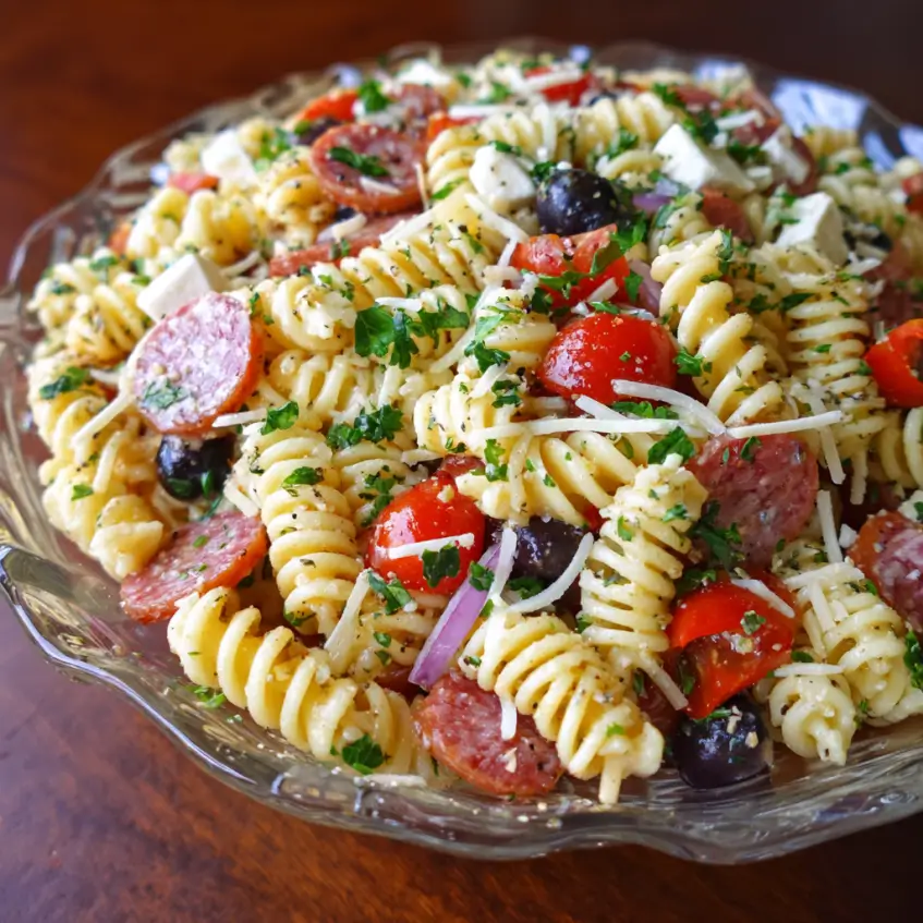 A vibrant close-up of a large bowl of homemade italian pasta salad with rotini, salami, tomatoes, olives, and cheese on a wooden table.