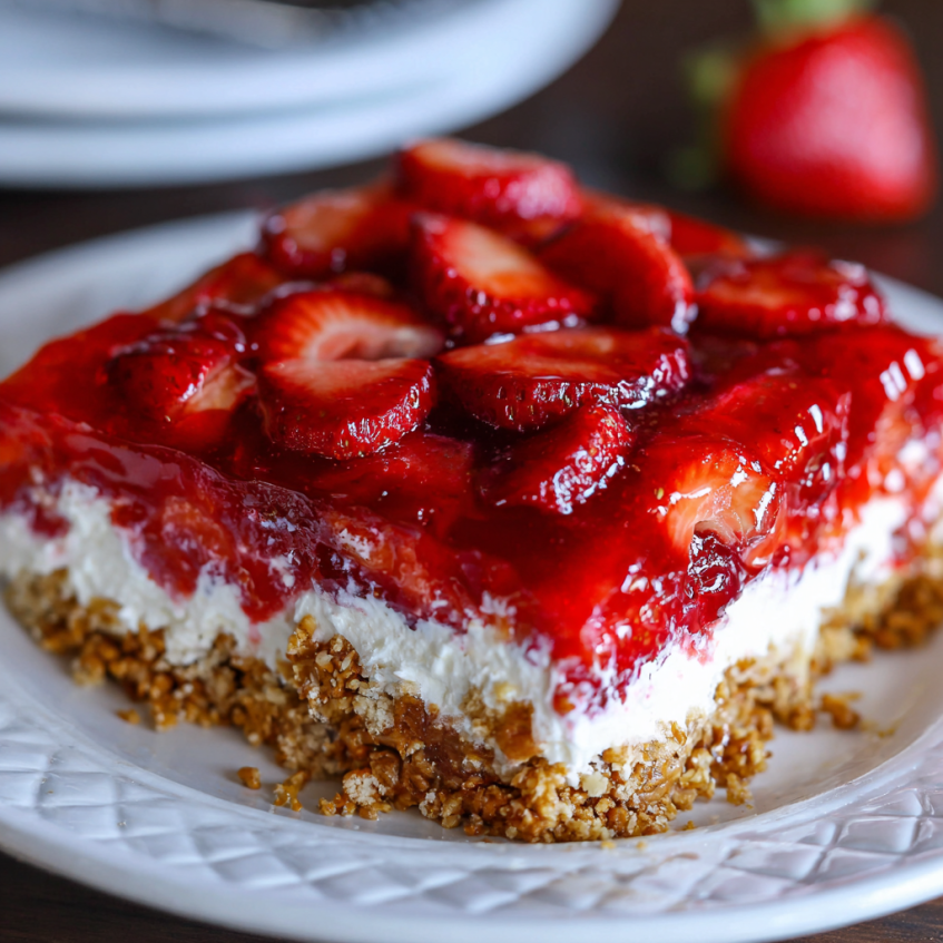 A delicious slice of strawberry pretzel salad on a white plate, showcasing its distinct layers: a golden-brown crust, a creamy white filling, and a vibrant strawberry topping.