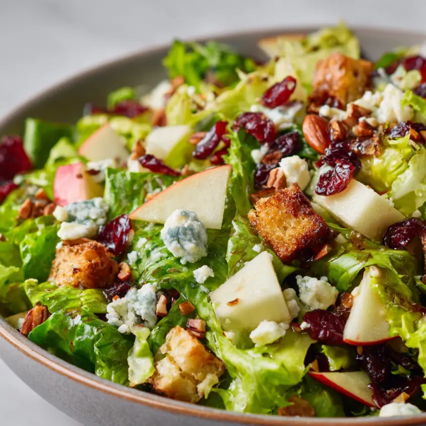 Vibrant salad with cranberries, blue cheese, pecans, walnuts, and apples, perfect as a refreshing Christmas side dish.