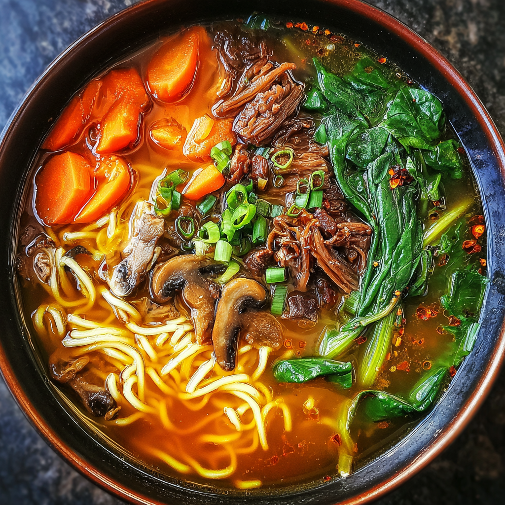 Top-down view of a hearty noodle soup featuring shredded beef, vibrant vegetables, and rich beef bone broth soup.