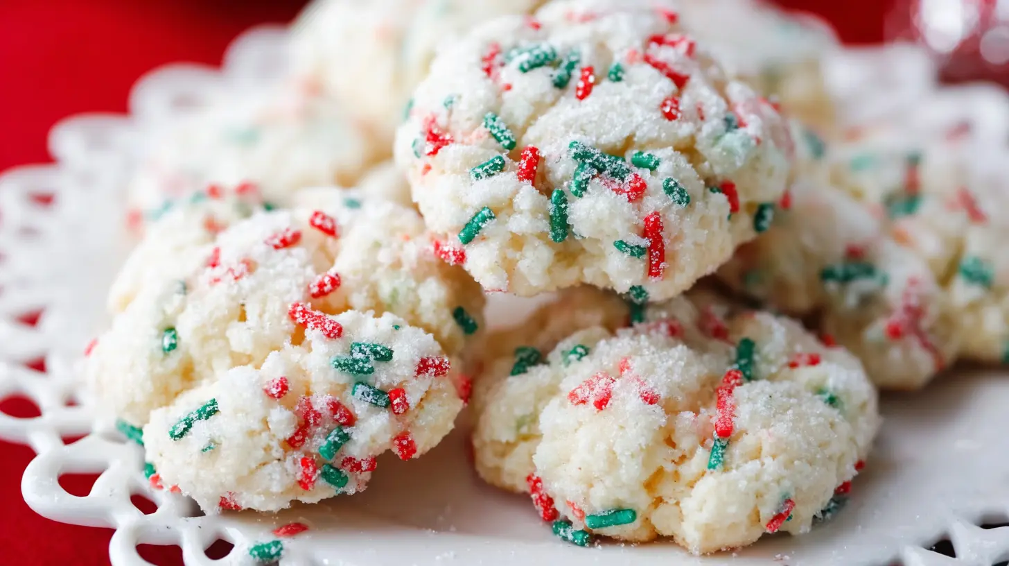 A close-up of festive, sugar-dusted Christmas butter cookies with red and green sprinkles on a white decorative plate.
